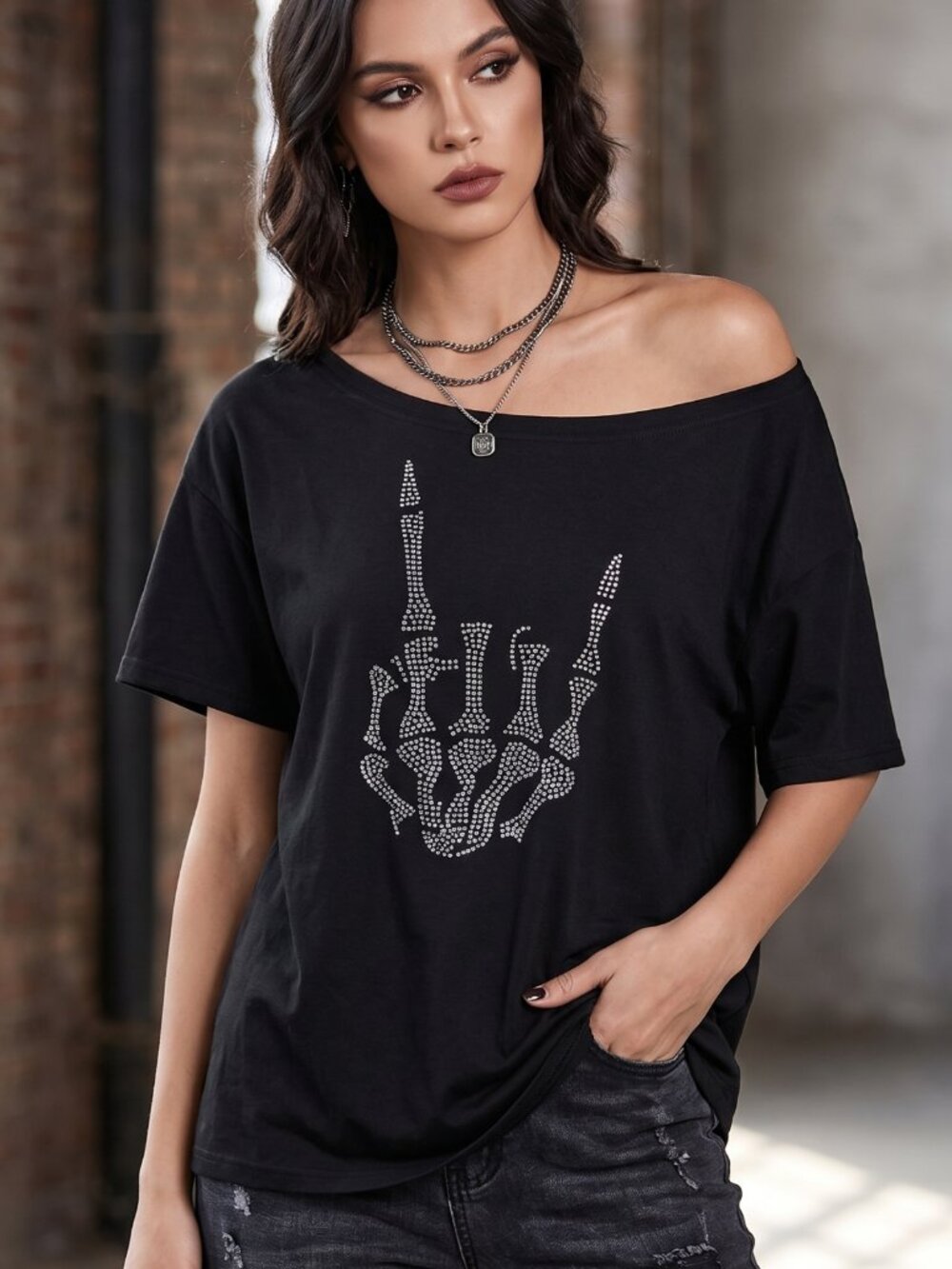 NWOT Black Rhinestone Skeleton Rock On Hand Slouchy Off Shoulder Top Small